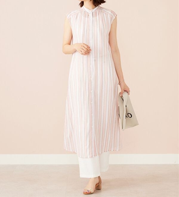 BELLUNA（ベルーナ）の「ラメ入りストライプ柄シアーロングシャツ（シャツワンピース）」｜詳細画像