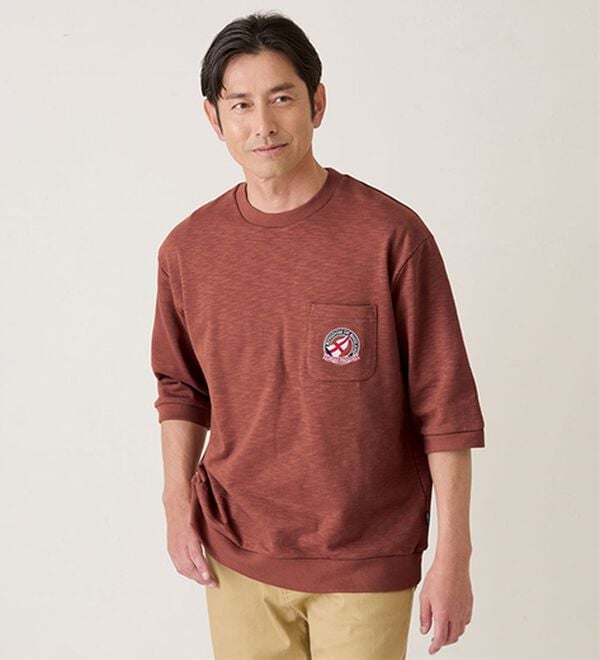 「ロゴ刺しゅう７分袖スウェットＴシャツ（メンズトレーナー）」｜詳細画像