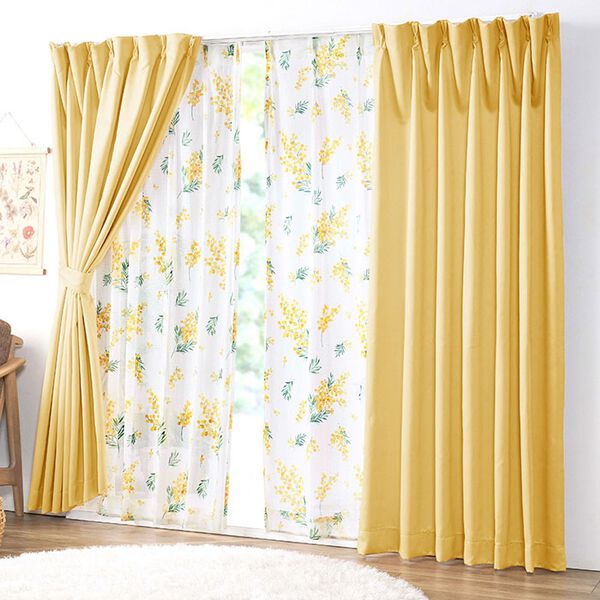 iellio（イエリオ）の「お買得カーテンセット（柄レース）＜４枚組・洗える・３級遮光・新生活・一人暮らし・引っ越し・模様替え・リーフ柄・ミモザ柄＞（ドレープカーテン）」｜詳細画像