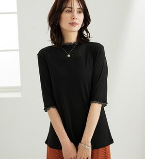 BELLUNA（ベルーナ）の「シアー素材重ね着風フリル衿プルオーバー（カットソー）」｜黒&times;チャコール