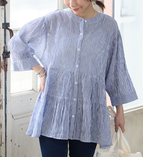 A HAPPY MARILYN（アハッピーマリリン）の「【Ｌ～６Ｌ】【風通るプレミアム】綿・楊柳七分袖ティアードブラウス（ブラウス）」｜ネイビーストライプ