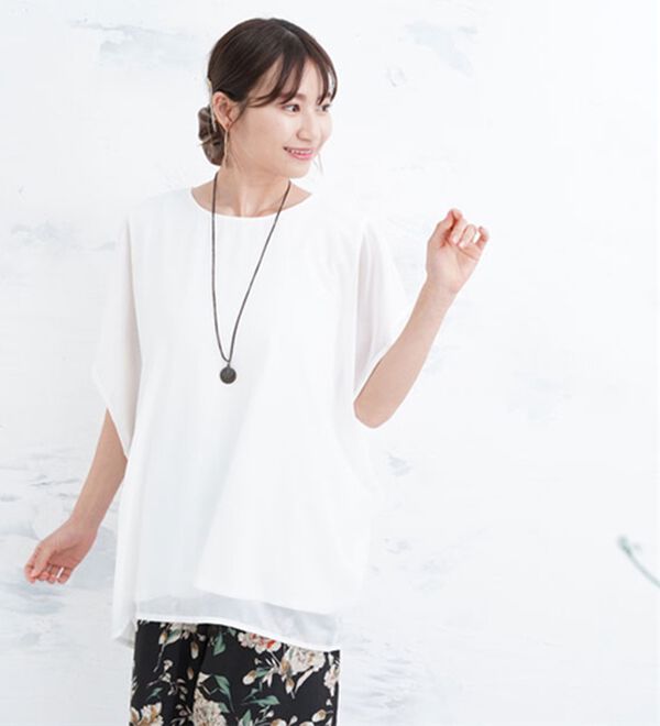 A HAPPY MARILYN（アハッピーマリリン）の「【麗シルエット】綿１００％ 二の腕周りをひらっと隠す シフォン重ね ブラウス（ブラウス）」｜詳細画像