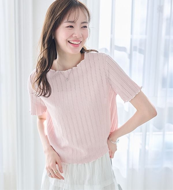 RANAN（ラナン）の「インせず着られる！透かし柄メロー配色Ｔシャツ（カットソー）」｜詳細画像