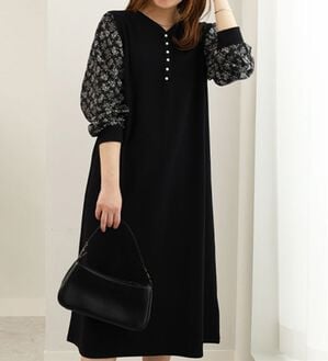 BELLUNA（ベルーナ）の「ジャカード素材袖切替ワンピース（カットソーワンピース）」｜黒系