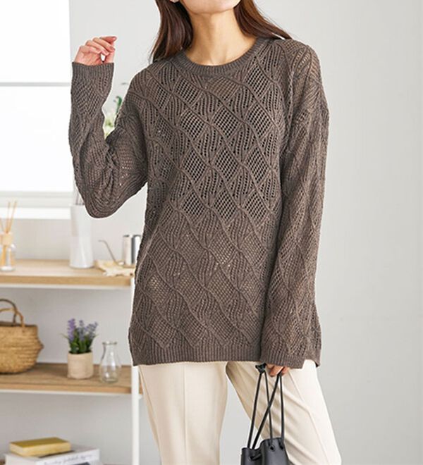 BELLUNA（ベルーナ）の「リーフ柄透かし編ニットチュニック（チュニック）」｜詳細画像