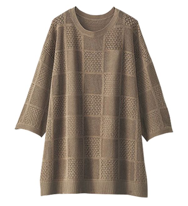 BELLUNA（ベルーナ）の「スクエア柄透かし編ニットプルオーバー（ニット・セーター）」｜モカ