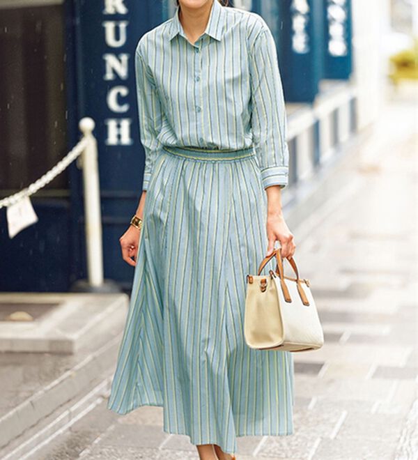 BELLUNA（ベルーナ）の「即コーデ完成！綿１００％ストライプ柄セットアップ（セットアップ）」｜ターコイズ系