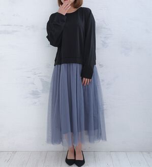 A HAPPY MARILYN（アハッピーマリリン）の「【Ｌ～６Ｌ】ゆるっと着られるチュールスカートドッキングワンピース（ドッキングワンピース）」｜ブラック&times;ブルーグレー
