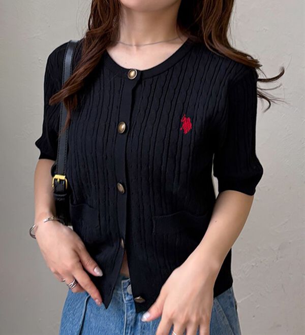 RANAN（ラナン）の「＜Ｕ．Ｓ．ＰＯＬＯ　ＡＳＳＮ．＞ゴールドボタン半袖刺繍ケーブルニットカーディガン（ニットカーディガン）」｜詳細画像