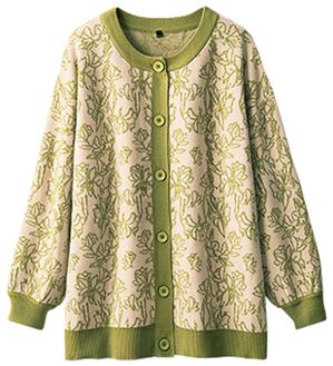 BELLUNA（ベルーナ）の「花柄ジャカードボタン使いカーディガン（ニットカーディガン）」｜グリーン系