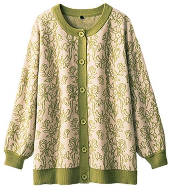 BELLUNA（ベルーナ）の「花柄ジャカードボタン使いカーディガン（ニットカーディガン）」｜グリーン系