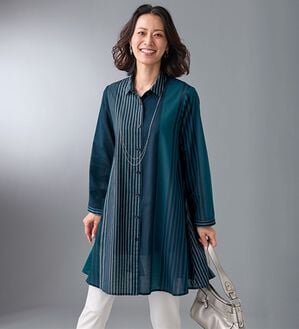 BELLUNA（ベルーナ）の「パネルストライプ柄シャツチュニック（チュニックワンピース）」｜ネイビー系