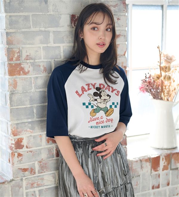 Disney＞【ミッキー】プリント7分丈ラグランTシャツ