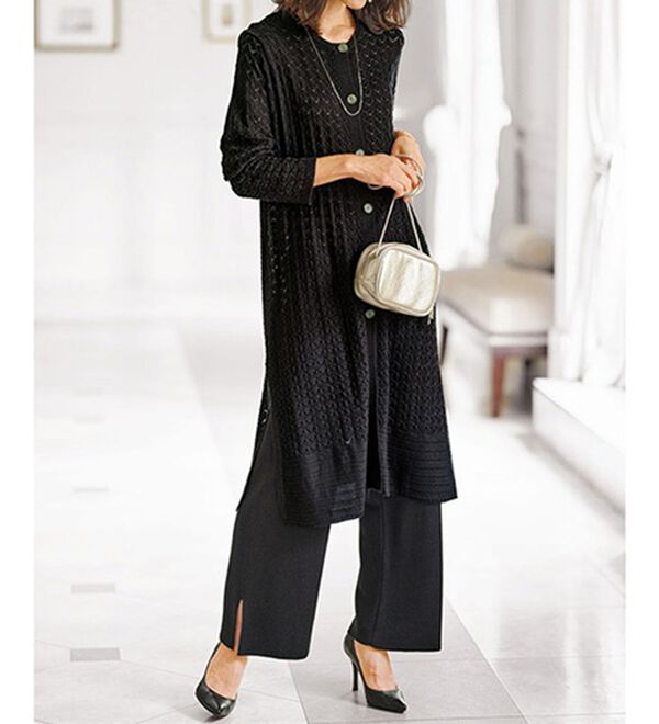 BELLUNA（ベルーナ）の「ニット素材透かし編デザインセットアップ（セットアップ）」｜黒