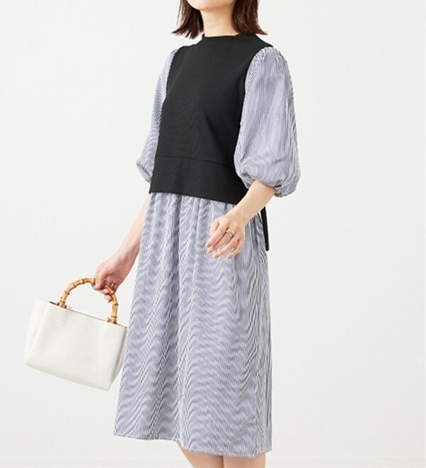 BELLUNA（ベルーナ）の「ベルト使い異素材切替ワンピ―ス（その他ワンピース）」｜ストライプ