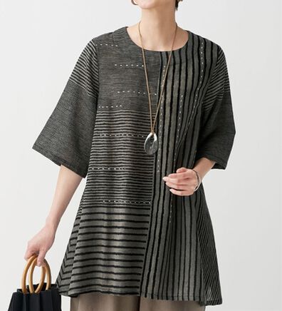BELLUNA（ベルーナ）の「綿麻素材ストライプ切替チュニック（チュニック）」