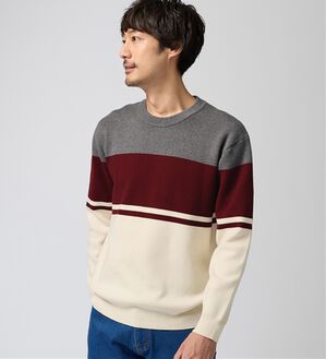 REMEN'S（リメンズ）の「【洗える】やわらかタッチボーダークルーネックセーター（メンズニット・セーター）」｜杢グレー&times;オフホワイト