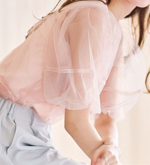 RANAN（ラナン）の「【ひんやり】チュールレイヤードパフスリーブTシャツ（カットソー）」｜詳細画像