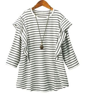 ルフラン（ルフラン）の「ちょい洒落＊７分袖ラッフルショルダーＴシャツ（カットソー）」｜ボーダー