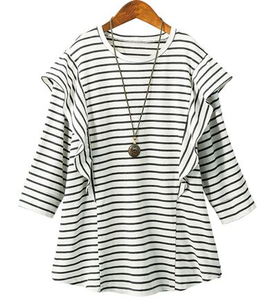 ルフラン（ルフラン）の「ちょい洒落＊７分袖ラッフルショルダーＴシャツ（カットソー）」