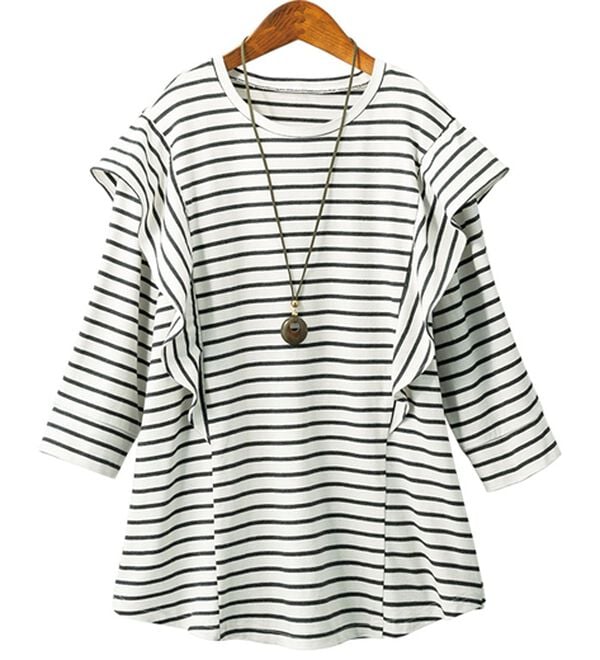 ルフラン（ルフラン）の「ちょい洒落＊７分袖ラッフルショルダーＴシャツ（カットソー）」｜ボーダー