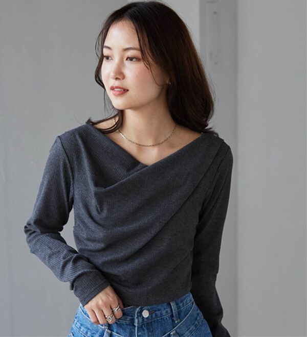 RANAN（ラナン）の「【春色追加】上品ドレープリブロングＴシャツ（カットソー）」｜詳細画像