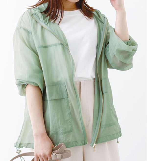 BELLUNA（ベルーナ）の「シアー素材フード付きブルゾンジャケット（ブルゾン）」｜オリーブ