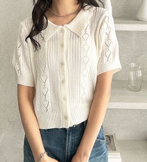 GeeRA（ジーラ）の「透かし編みポロ衿ニット（ニット・セーター）」｜オフホワイト