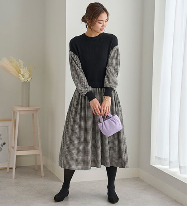 BELLUNA（ベルーナ）の「＜＆ｃｏｃｏｃｈｉ＞ニット切替チェック柄ワンピース（ドッキングワンピース）」｜詳細画像