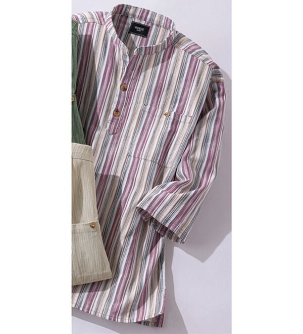 「ざっくり木綿のゆったりリラックスシャツ（メンズシャツ）」｜ワインストライプ