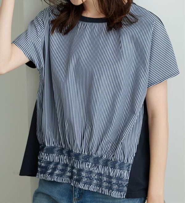 BELLUNA（ベルーナ）の「【ひんやり接触冷感】シャーリング使い異素材切替プルオーバー（カットソー）」｜詳細画像