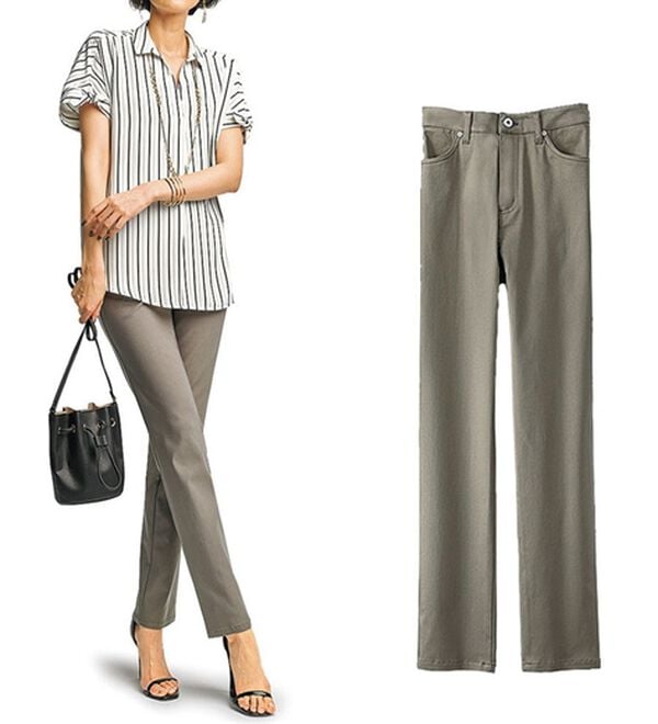 BELLUNA（ベルーナ）の「ヒンヤリ速乾！綿サテンストレッチカラーパンツ（フルレングスパンツ）」｜モカ