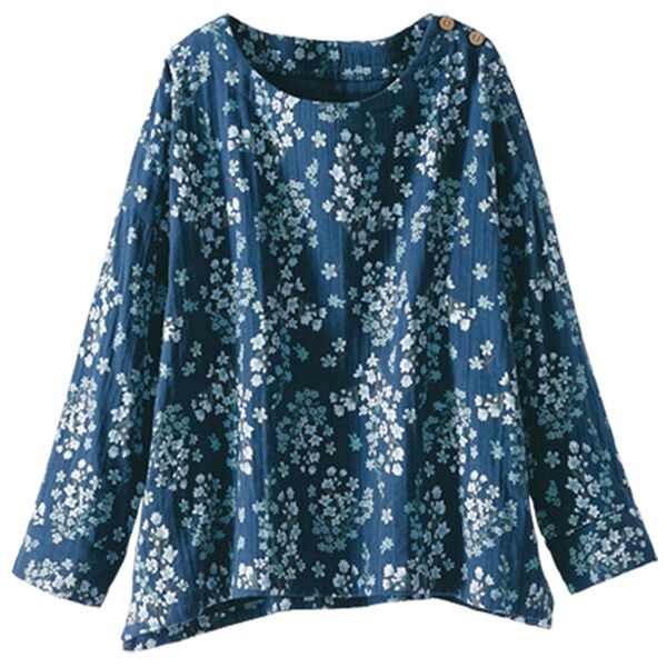 BELLUNA（ベルーナ）の「綿混ふんわりダブルガーゼプリントブラウス（ブラウス）」｜ネイビー花柄