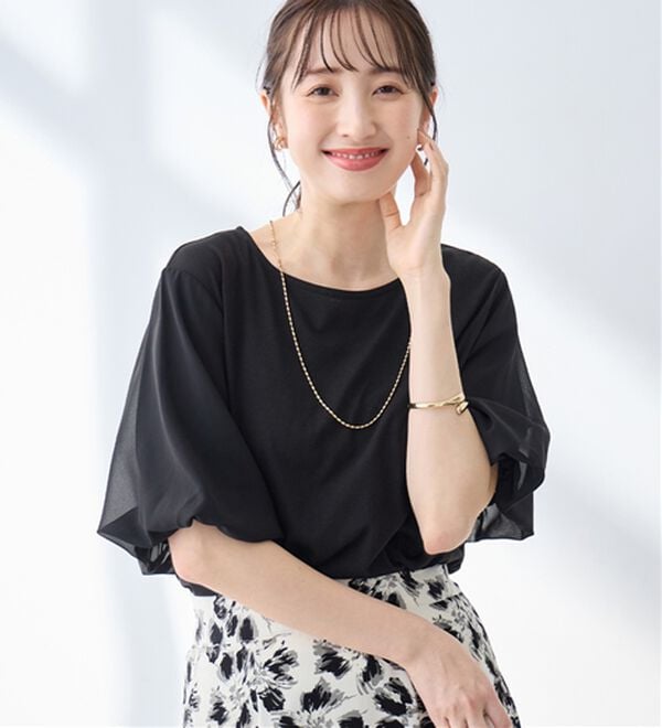 alotta（アロッタ）の「袖異素材バルーンＴシャツ（カットソー）」｜ブラック