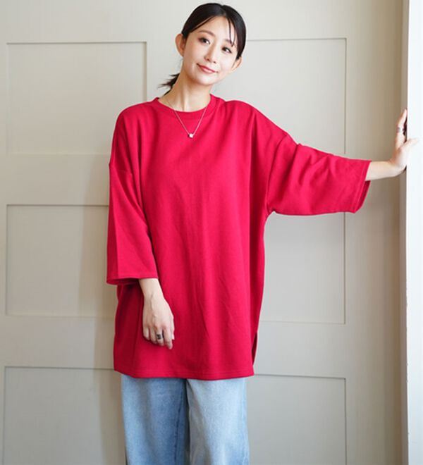 A HAPPY MARILYN（アハッピーマリリン）の「【Ｍ～８Ｌ／選べる袖丈】綿トレーナーライクビッグシルエットＴシャツ（Tシャツ）」｜詳細画像