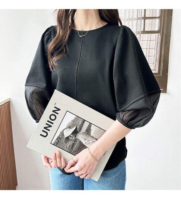 GeeRA（ジーラ）の「袖シアー切替ランタンスリーブトップス（カットソー）」｜詳細画像