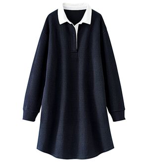 BELLUNA（ベルーナ）の「ボーダージャカード素材ラガーシャツワンピース（カットソーワンピース）」｜ネイビー