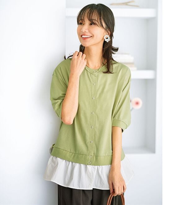 BELLUNA（ベルーナ）の「異素材切替ボタン使いカーディガン（その他カーディガン）」｜ライトグリーン