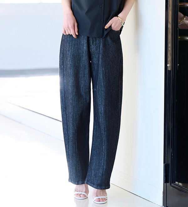 RANAN（ラナン）の「きれい見え麻入りカーブデニム（フルレングスパンツ）」｜インディゴ