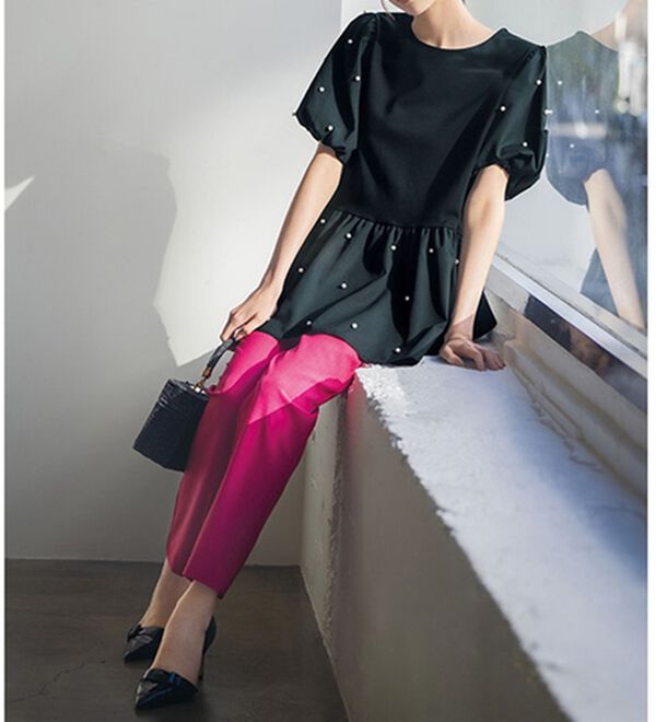 RANAN（ラナン）の「ひんやり！パール調ビーズ使いボリューム袖プルオーバー（カットソー）」｜詳細画像