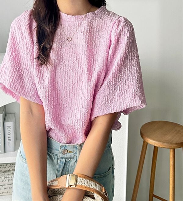 GeeRA（ジーラ）の「ワッシャー素材バルーン袖Ｔブラウス（ブラウス）」｜ピンク