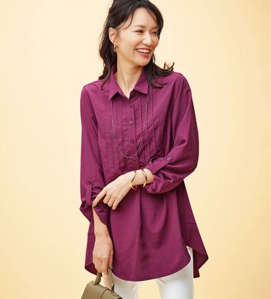BELLUNA（ベルーナ）の「麻調素材タックデザインシャツチュニック（チュニック）」