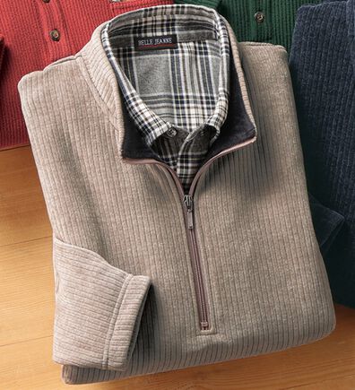 「裏ベロアのお洒落なダブル衿ハーフジップトレーナー（メンズカットソー）」