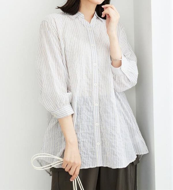 BELLUNA（ベルーナ）の「綿混テンセルぽこぽこシアーシャツチュニック（チュニック）」｜アイボリーストライプ