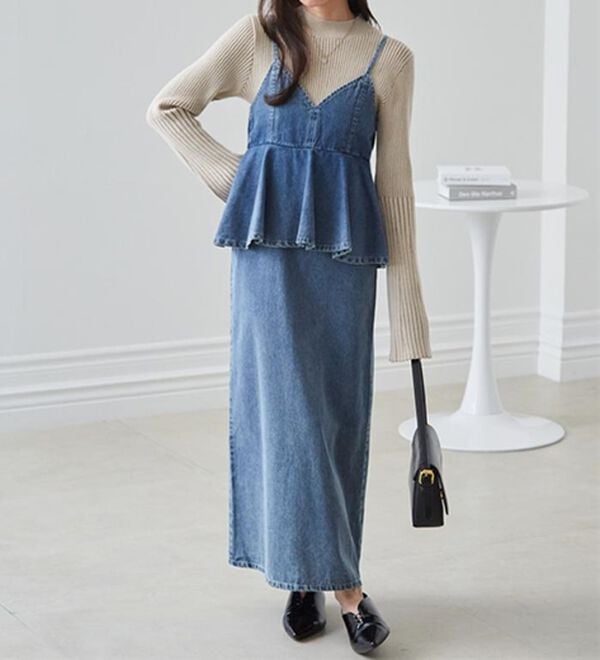 RANAN（ラナン）の「デニムペプラムキャミワンピース（ロングワンピース）」｜詳細画像