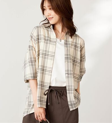 BELLUNA（ベルーナ）の「シアージョーゼット素材チェック柄シャツ（シャツ）」