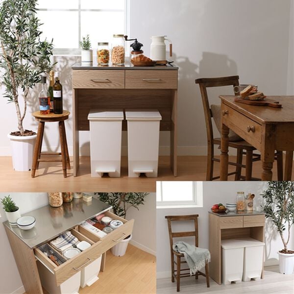 iellio（イエリオ）の「ステンレス天板ゴミ箱カウンター＜家電収納レンジ台・デッドスペース収納・作業台・木目調・ゴミ箱上収納＞（調理台・キッチンカウンター）」｜詳細画像