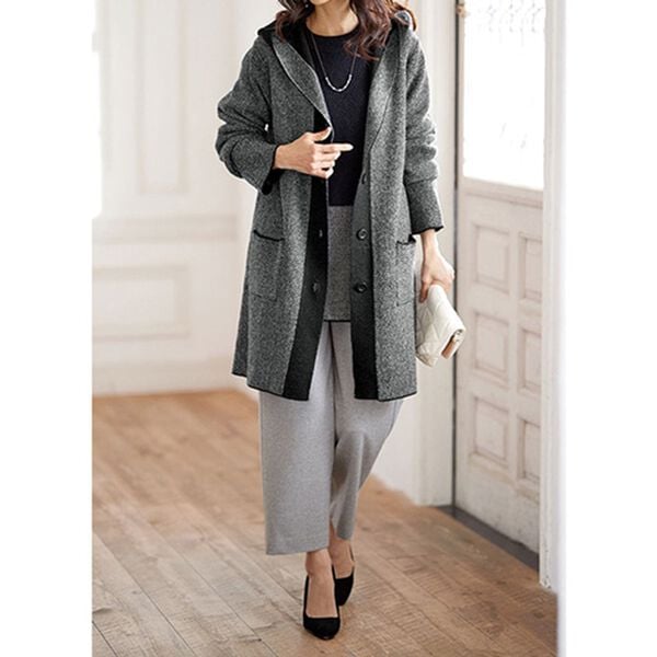 BELLUNA（ベルーナ）の「ツイード調編地フードニットジャケットアンサンブル（アンサンブル）」｜詳細画像