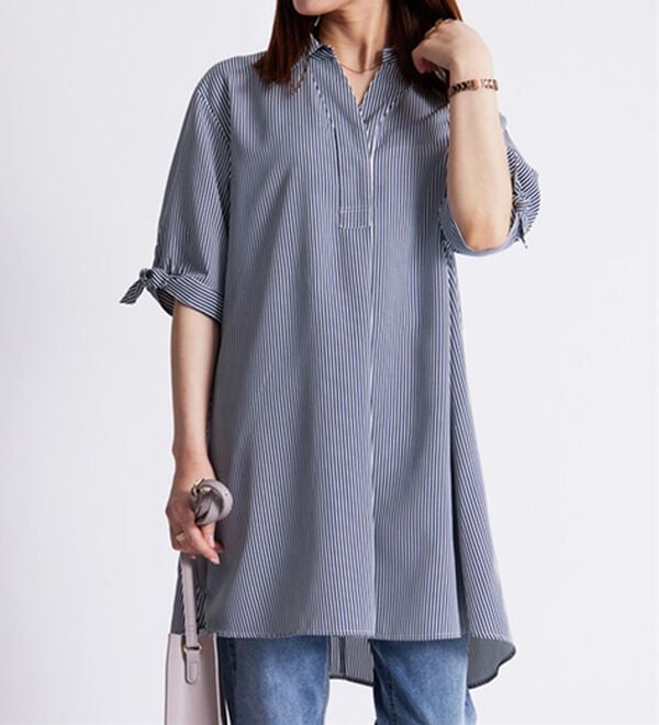 BELLUNA（ベルーナ）の「【接触冷感】麻調素材袖リボン使いシャツチュニック（チュニック）」｜詳細画像