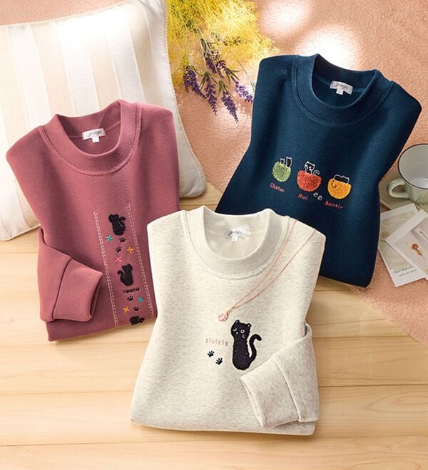 ルフラン（ルフラン）の「【３色組】ねこ刺しゅう＊裏起毛プルオーバー（カットソー）」｜詳細画像